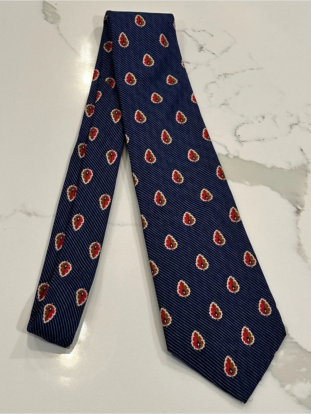 Vintage Coach Silk Neck Tie Navy Blue Red Tan Leaf Geometric Pattern Designer